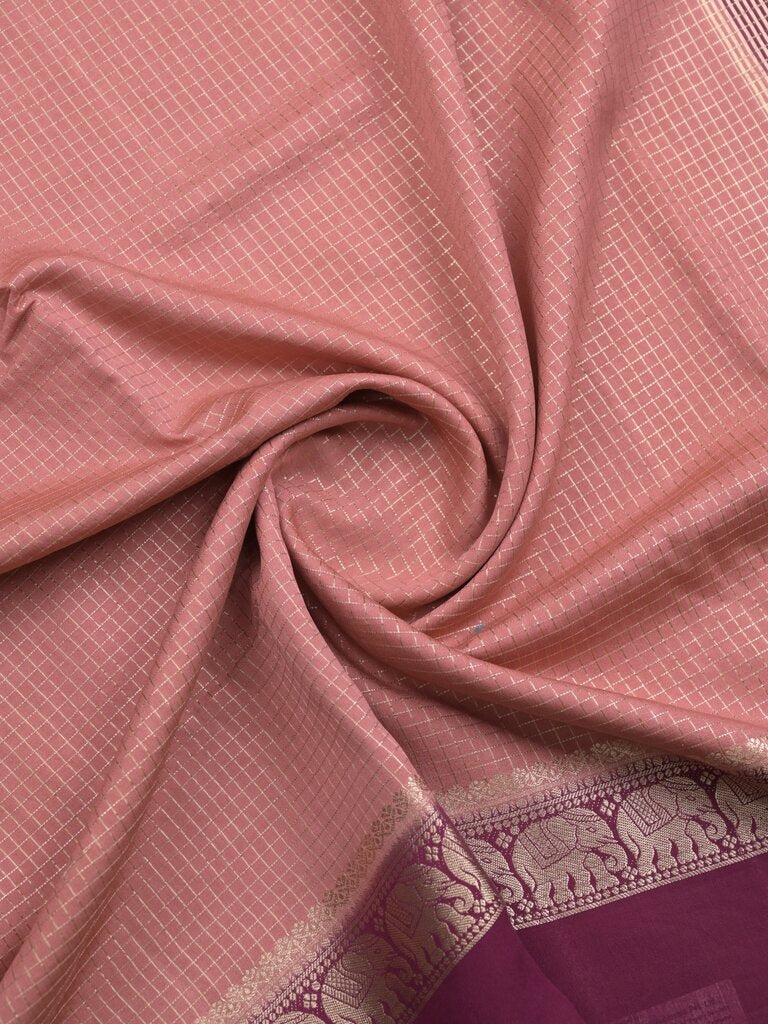 Dupion fancy saree allover checks & contrast border with zari pallu and plain blouse