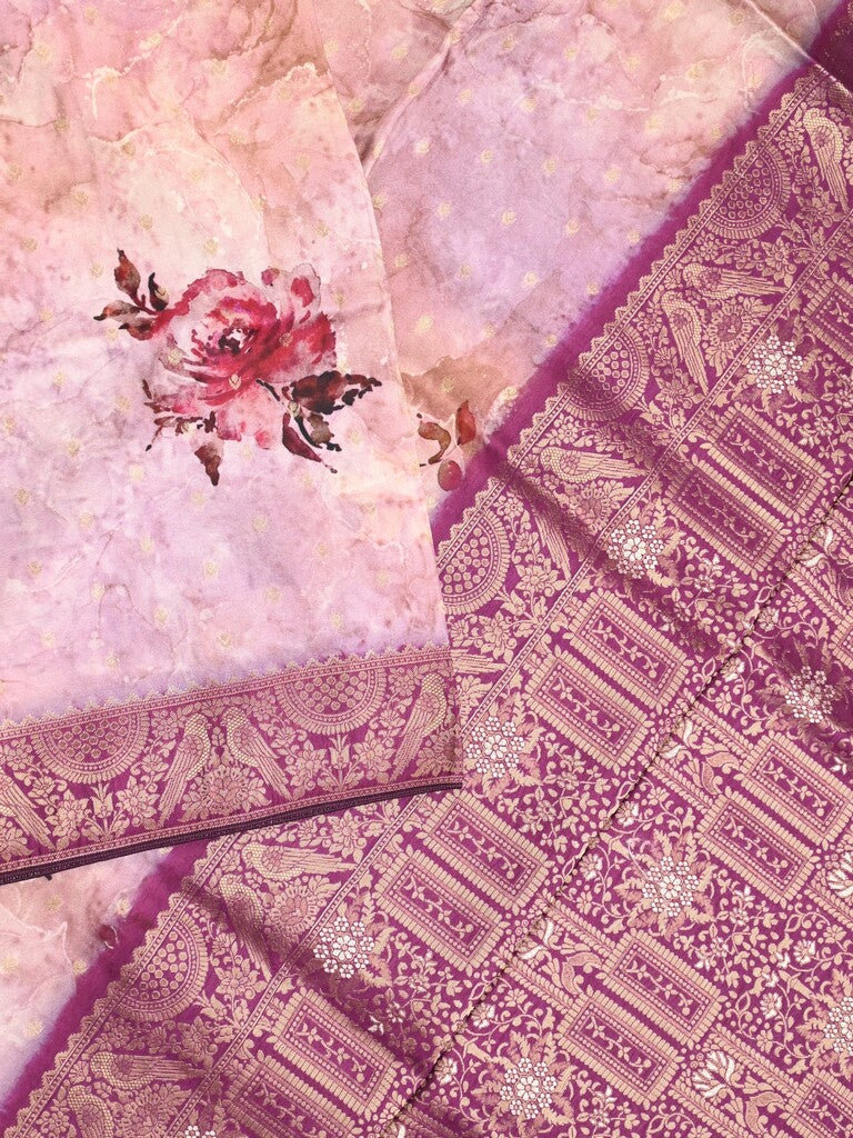 Dola silk fancy saree pastel purple color allover prints & zari border with rich pallu and contrast plain blouse