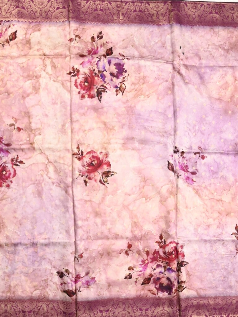 Dola silk fancy saree pastel purple color allover prints & zari border with rich pallu and contrast plain blouse