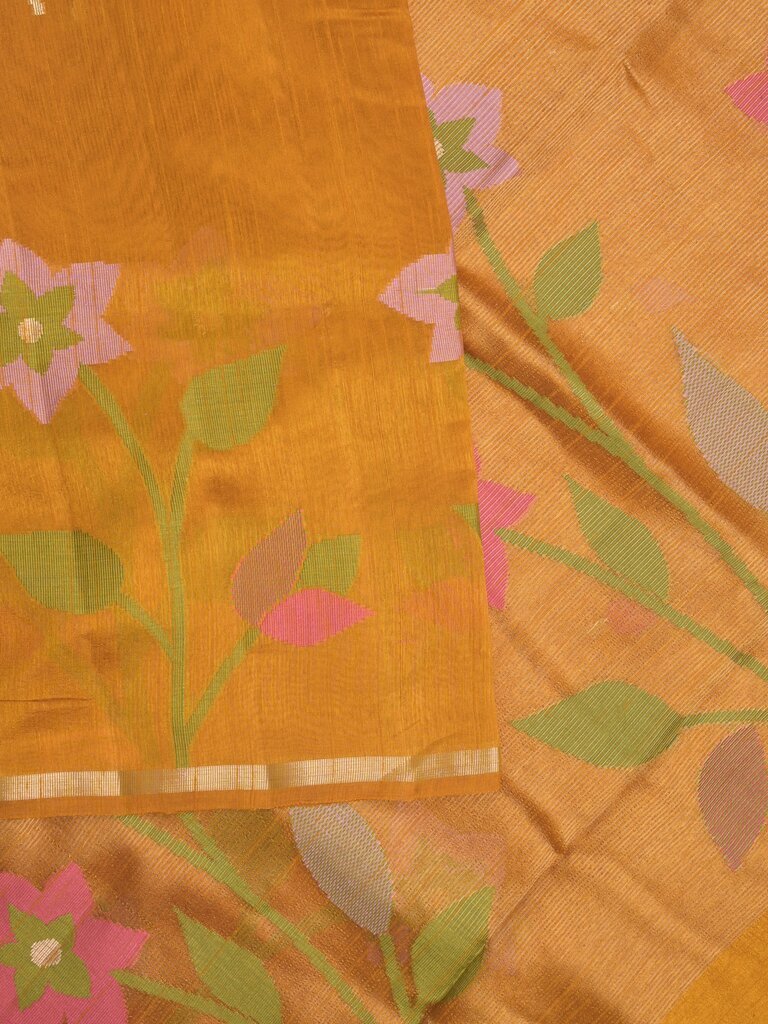 Chanderi jute fancy saree allover floral weaves with small zari border and attached plain blouse