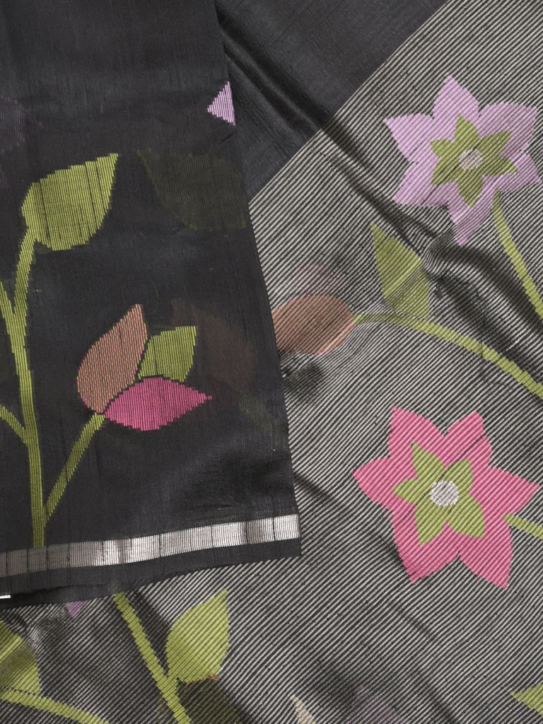 Chanderi jute fancy saree allover floral weaves with small zari border and attached plain blouse