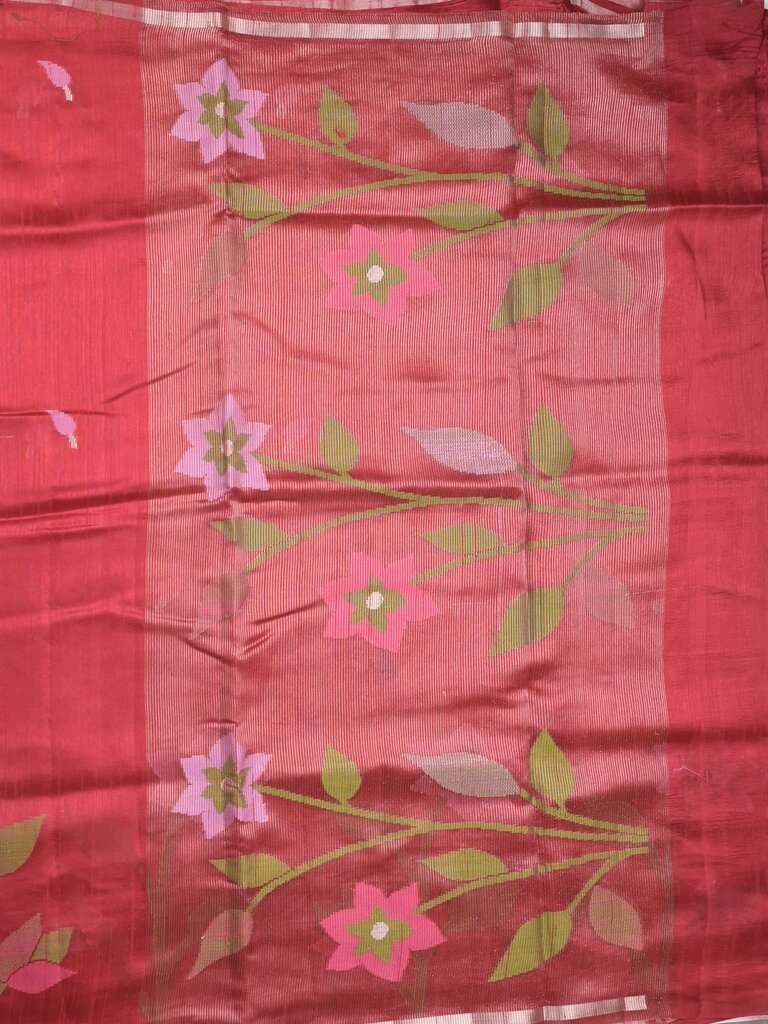 Chanderi jute fancy saree allover floral weaves with small zari border and attached plain blouse