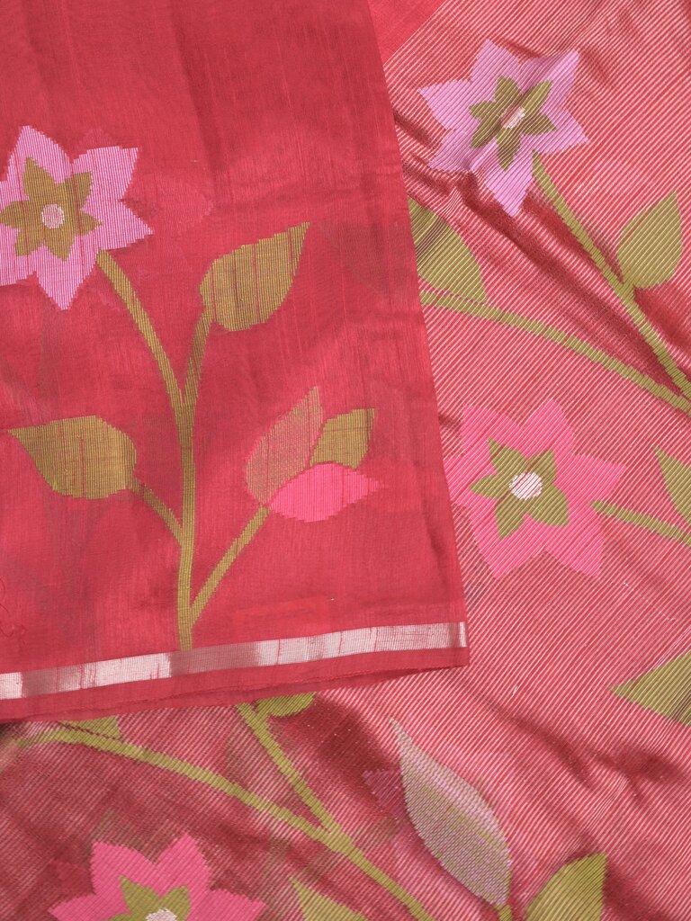 Chanderi jute fancy saree allover floral weaves with small zari border and attached plain blouse