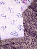 Dola silk fancy saree white color allover prints & zari border with rich pallu and contrast plain blouse