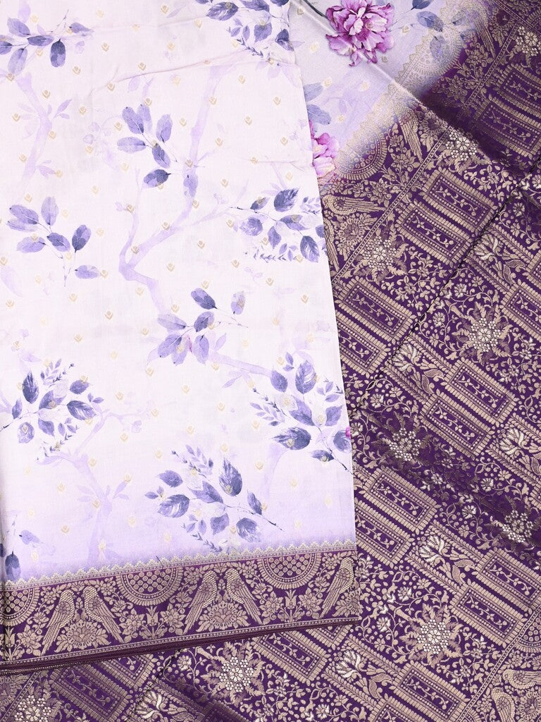 Dola silk fancy saree white color allover prints & zari border with rich pallu and contrast plain blouse