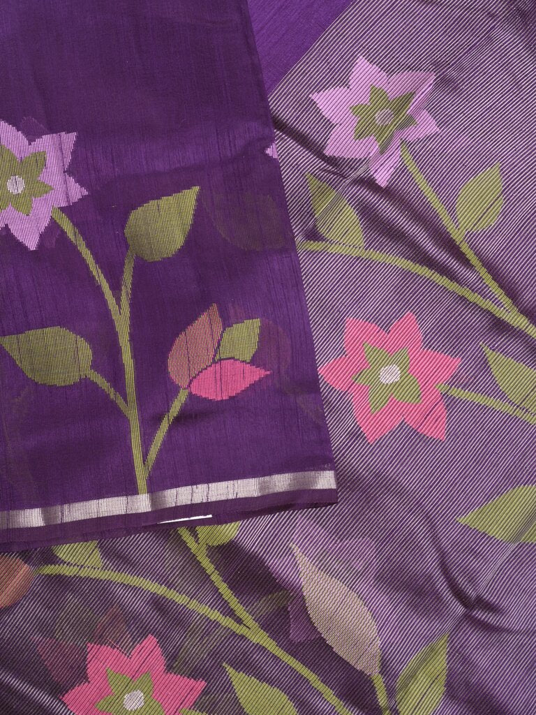 Chanderi jute fancy saree allover floral weaves with small zari border and attached plain blouse
