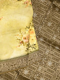 Dola silk fancy saree light yellow color allover prints & zari border with rich pallu and contrast plain blouse