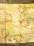 Dola silk fancy saree light yellow color allover prints & zari border with rich pallu and contrast plain blouse