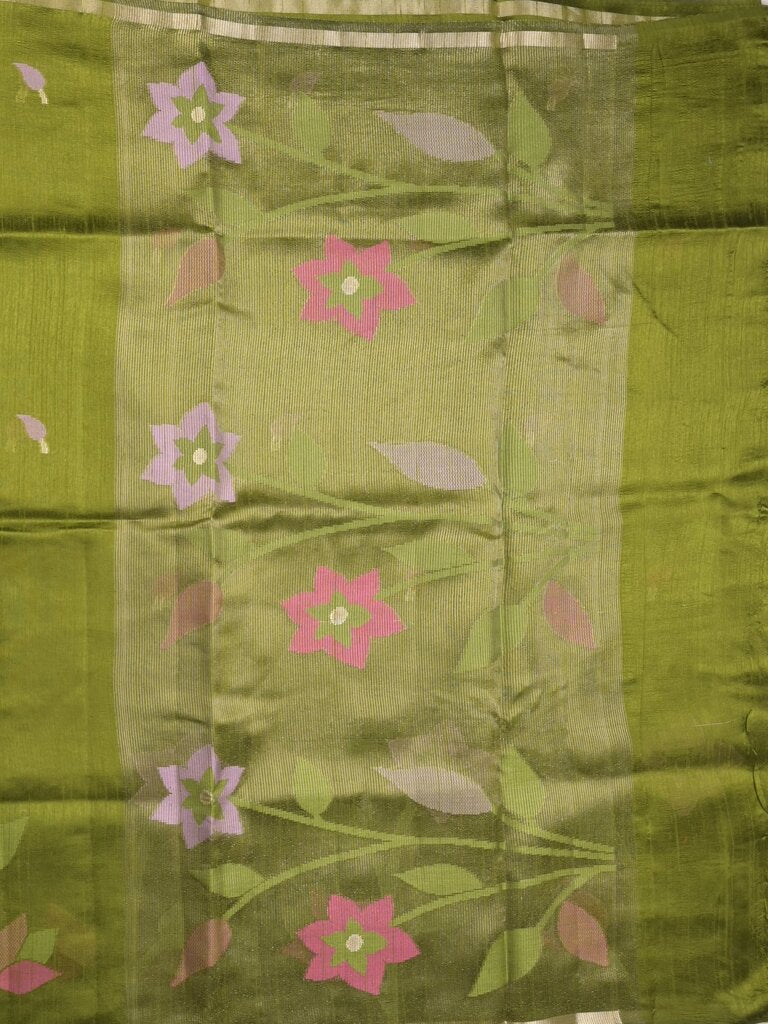 Chanderi jute fancy saree allover floral weaves with small zari border and attached plain blouse