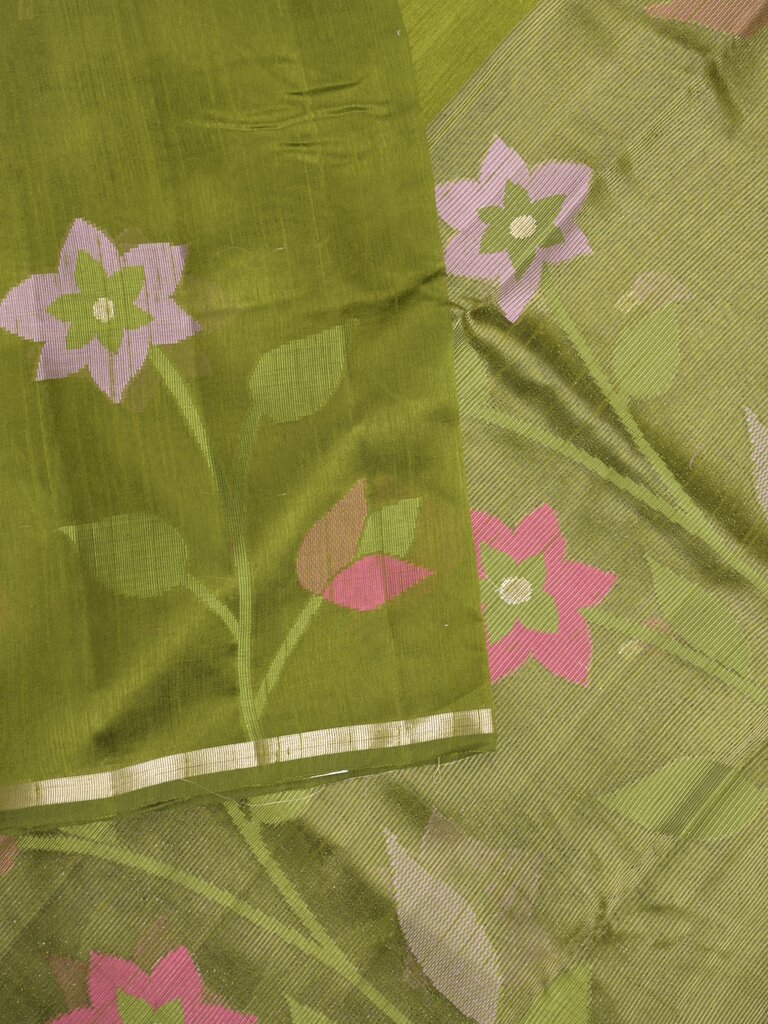 Chanderi jute fancy saree allover floral weaves with small zari border and attached plain blouse