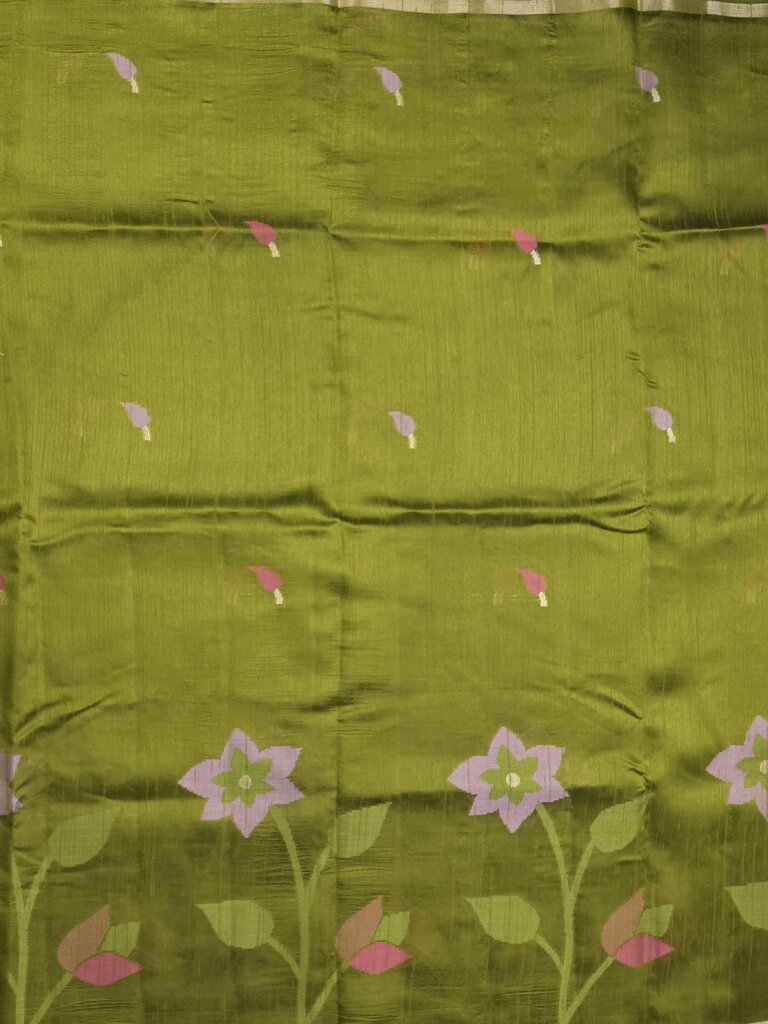 Chanderi jute fancy saree allover floral weaves with small zari border and attached plain blouse