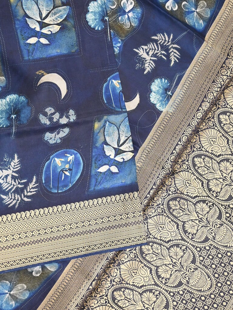 Dola silk fancy saree blue color allover prints & zari border with rich pallu and contrast plain blouse