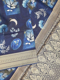 Dola silk fancy saree blue color allover prints & zari border with rich pallu and contrast plain blouse