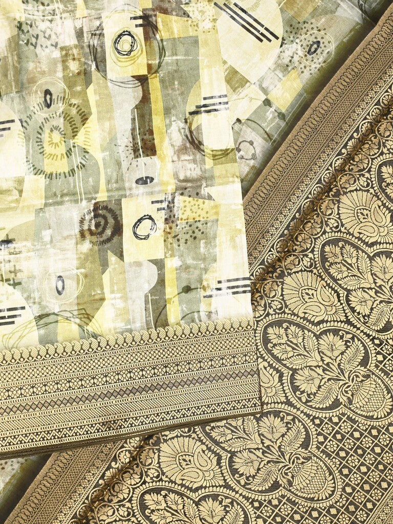 Dola silk fancy saree cream color allover prints & zari border with rich pallu and contrast plain blouse
