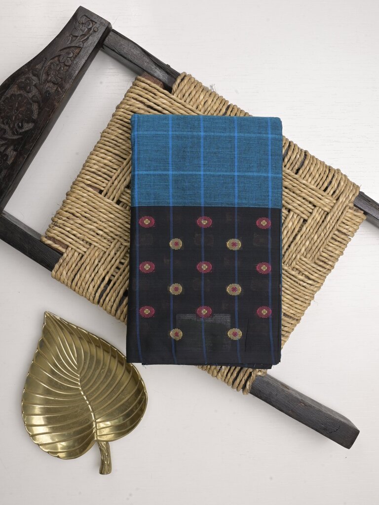 Dhaka cotton saree for women | blue | allover checks | without blouse