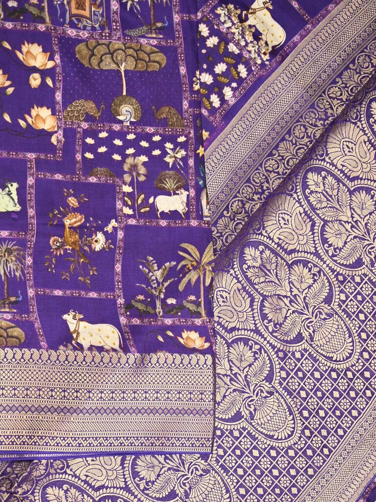 Dola silk fancy saree violet color allover prints & zari border with rich pallu and contrast plain blouse