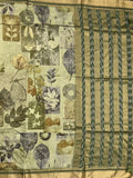Dola silk fancy saree light olive green color allover prints & zari border with rich pallu and contrast plain blouse