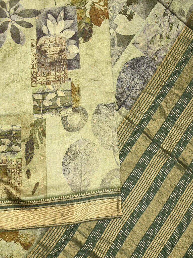 Dola silk fancy saree light olive green color allover prints & zari border with rich pallu and contrast plain blouse