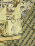 Dola silk fancy saree light olive green color allover prints & zari border with rich pallu and contrast plain blouse