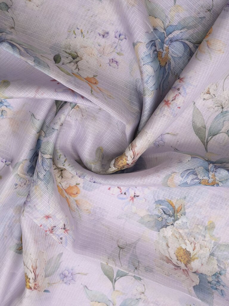 Kota fancy floral printed saree with contrast border and attached printed blouse