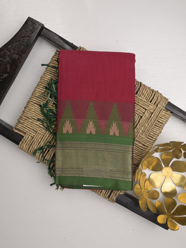 Dhaka cotton saree for women | cherry pink | temple border | contrast blouse