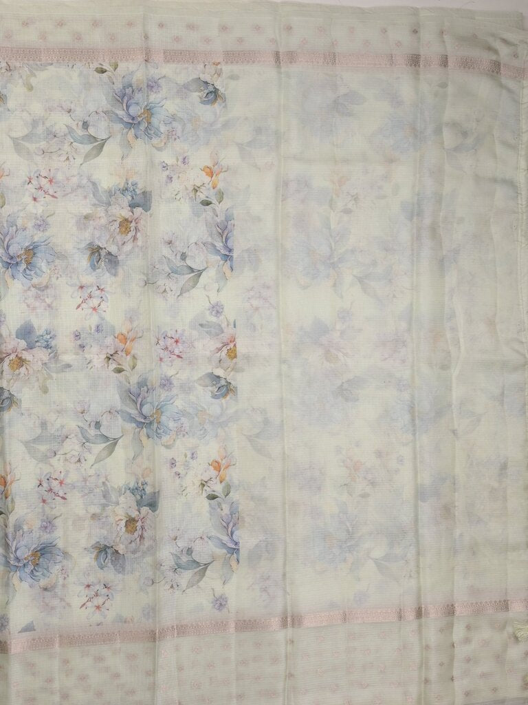 Kota fancy floral printed saree with contrast border and attached printed blouse