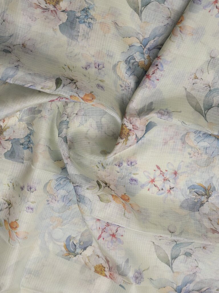 Kota fancy floral printed saree with contrast border and attached printed blouse