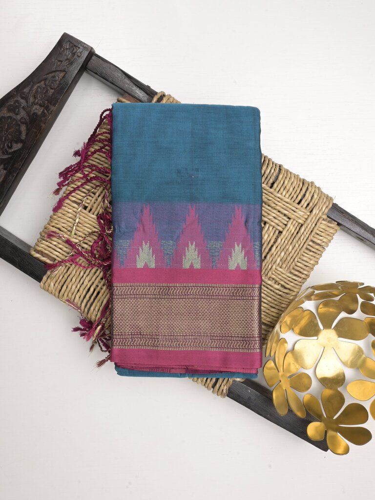 Dhaka cotton saree for women | cherry pink | temple border | contrast blouse