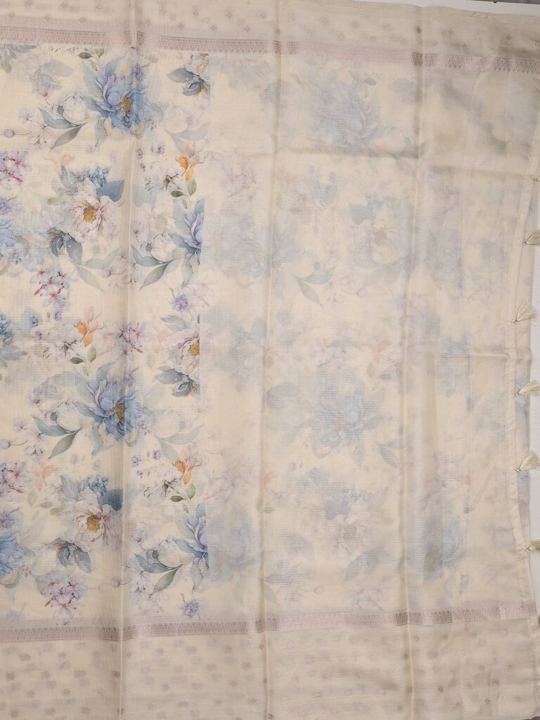 Kota fancy floral printed saree with contrast border and attached printed blouse
