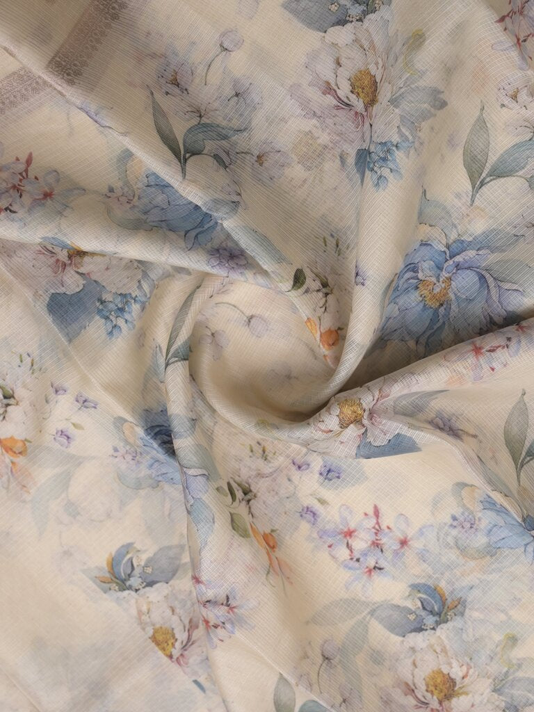 Kota fancy floral printed saree with contrast border and attached printed blouse