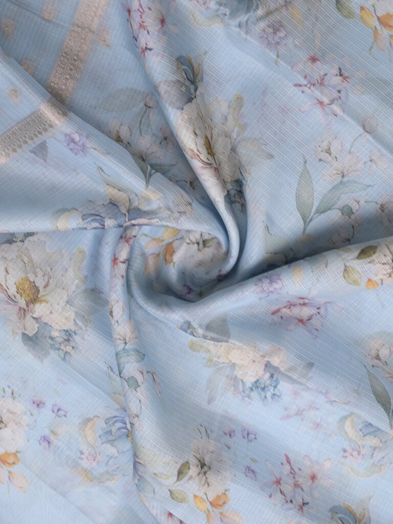 Kota fancy floral printed saree with contrast border and attached printed blouse