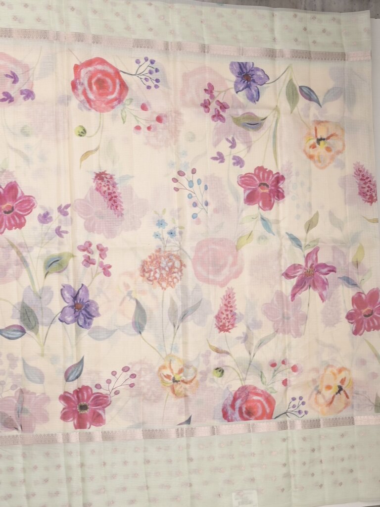 Kota fancy floral printed saree with contrast border and attached printed blouse