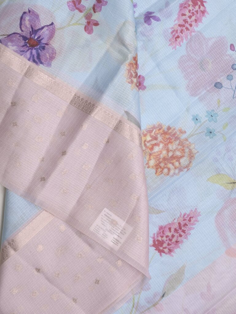 Kota fancy floral printed saree with contrast border and attached printed blouse