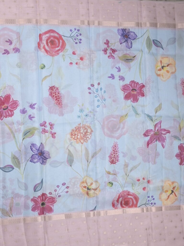 Kota fancy floral printed saree with contrast border and attached printed blouse