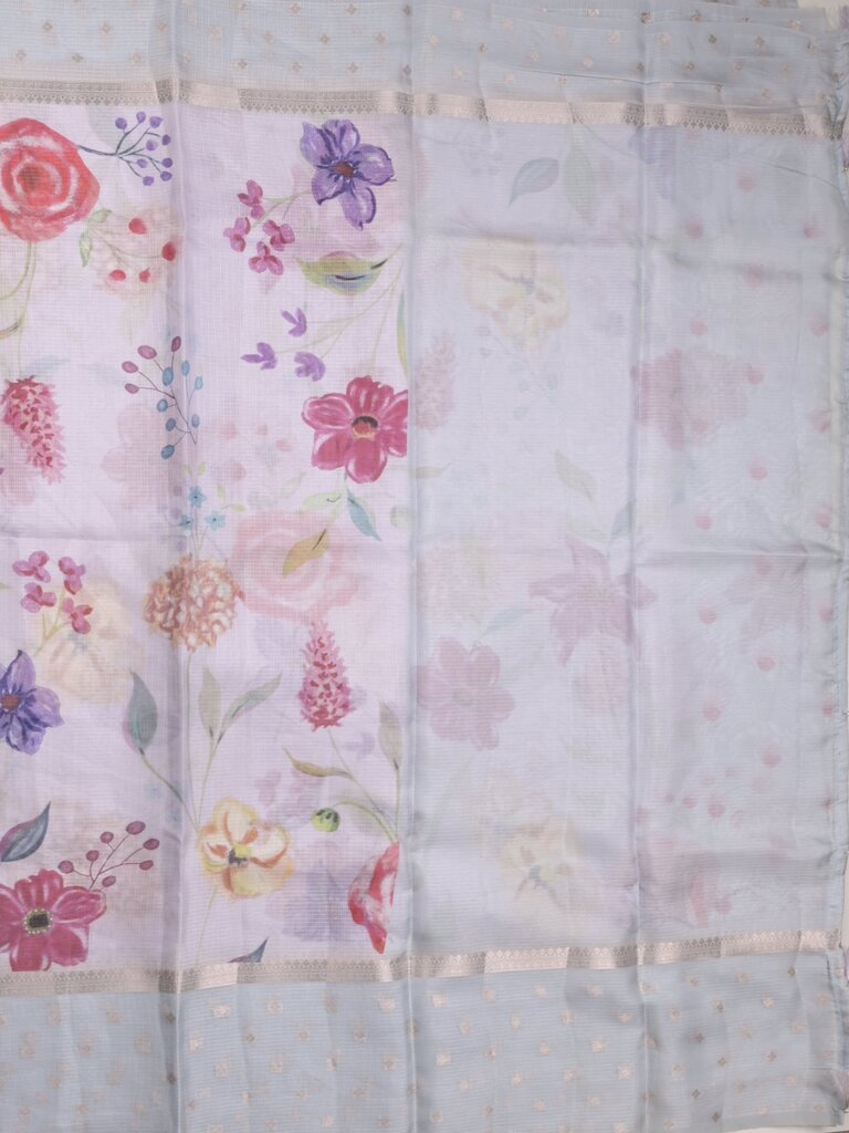 Kota fancy floral printed saree with contrast border and attached printed blouse