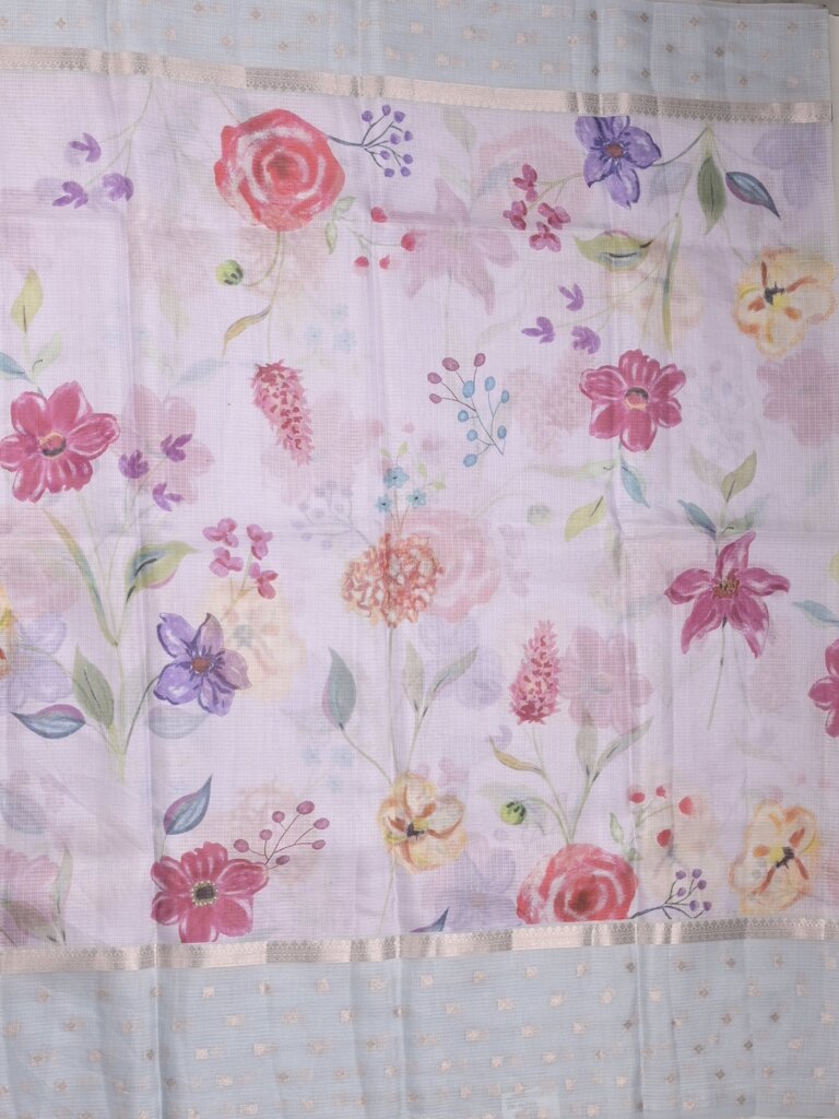Kota fancy floral printed saree with contrast border and attached printed blouse