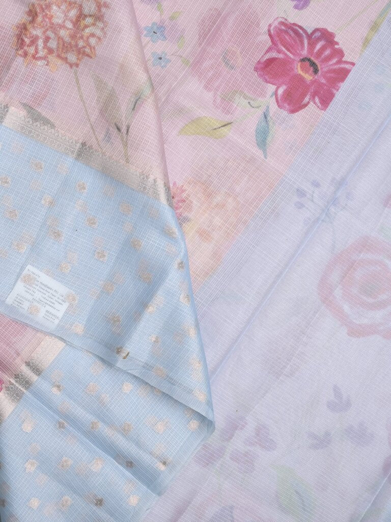Kota fancy floral printed saree with contrast border and attached printed blouse