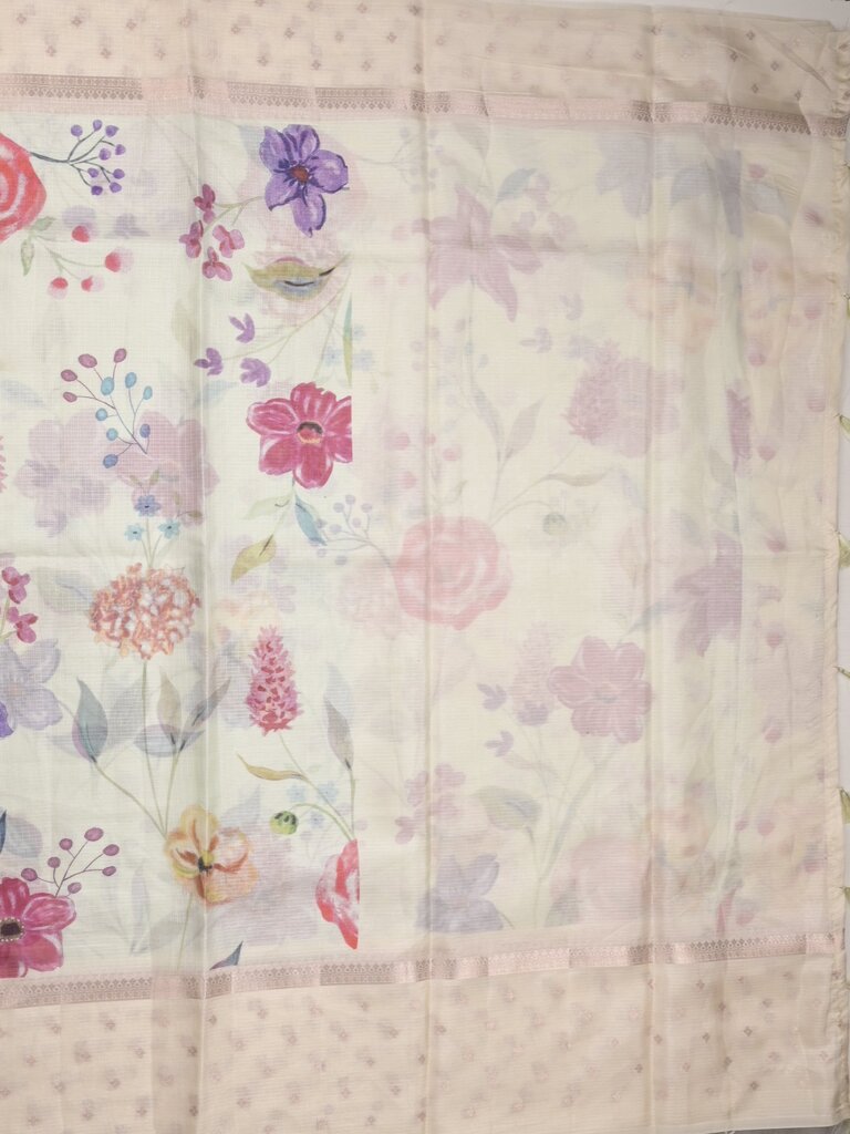 Kota fancy floral printed saree with contrast border and attached printed blouse