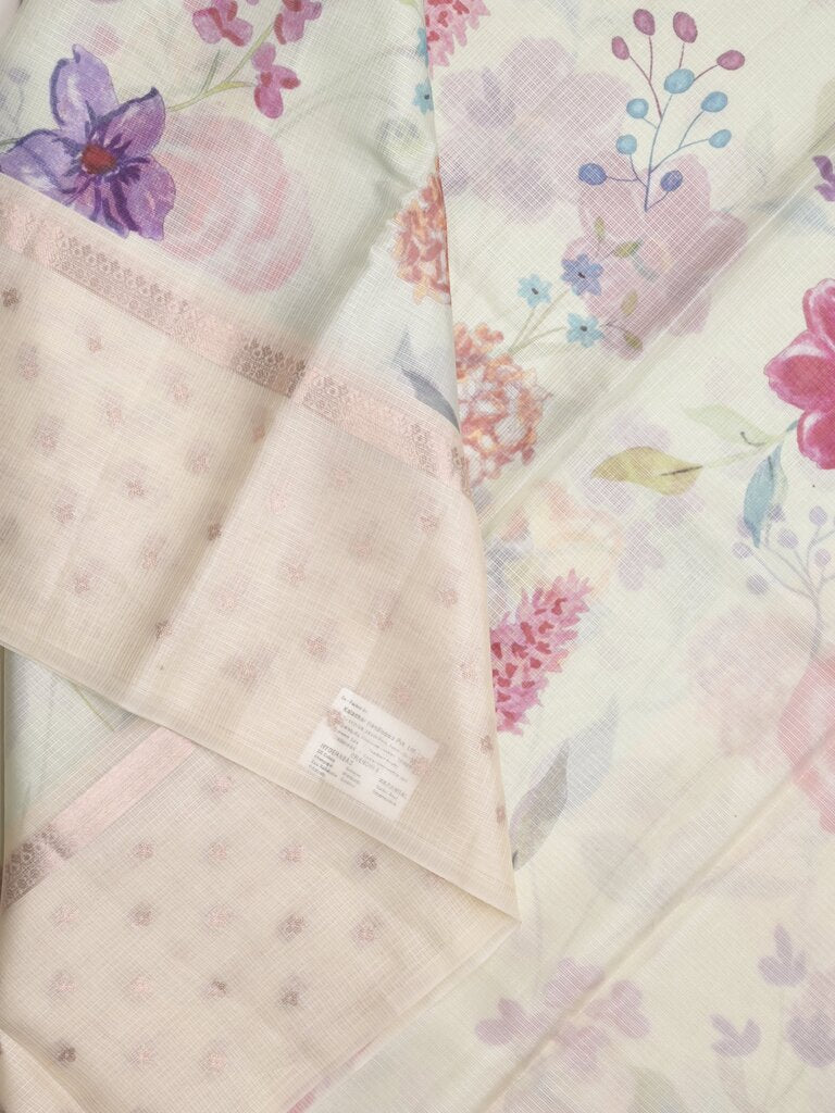 Kota fancy floral printed saree with contrast border and attached printed blouse