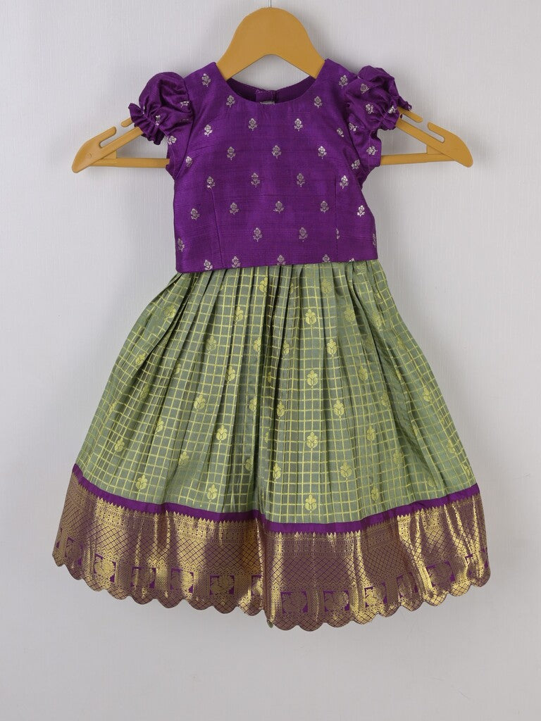 Handcrafted pen kalamkari raw silk kids lehenga 0-1 year