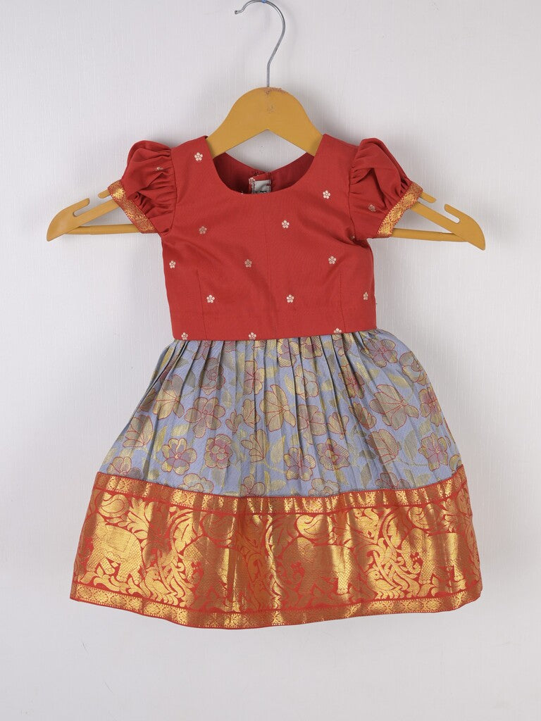 Handcrafted pen kalamkari raw silk kids lehenga 0-1 year