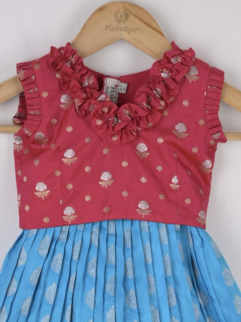 Handcrafted pen kalamkari raw silk kids lehenga 0-1 year