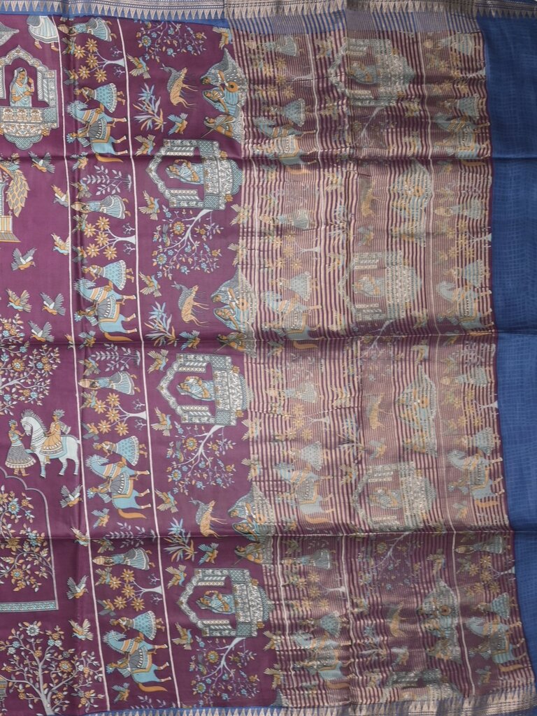 Tussar printed fancy saree with small zari border with printed pallu and plain blouse