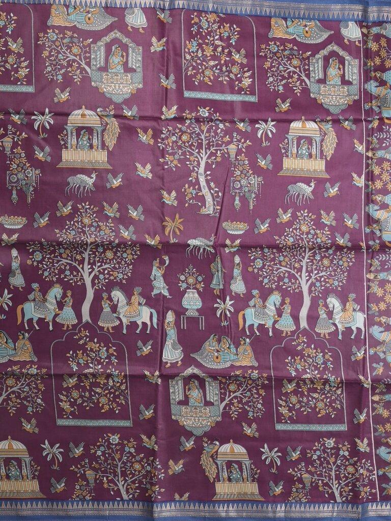 Tussar printed fancy saree with small zari border with printed pallu and plain blouse