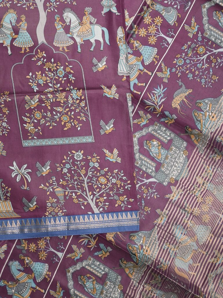 Tussar printed fancy saree with small zari border with printed pallu and plain blouse
