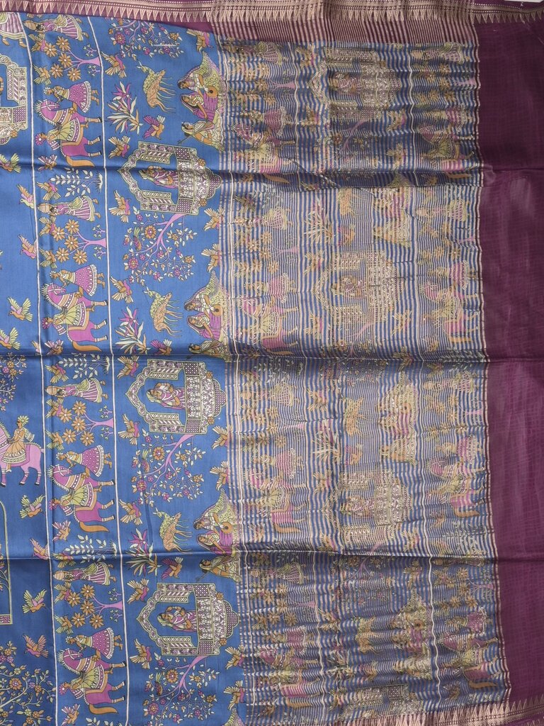 Tussar printed fancy saree with small zari border with printed pallu and plain blouse