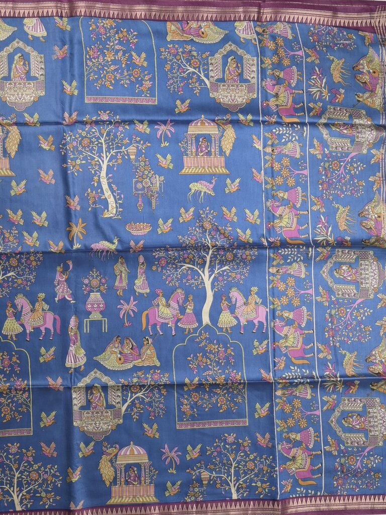 Tussar printed fancy saree with small zari border with printed pallu and plain blouse