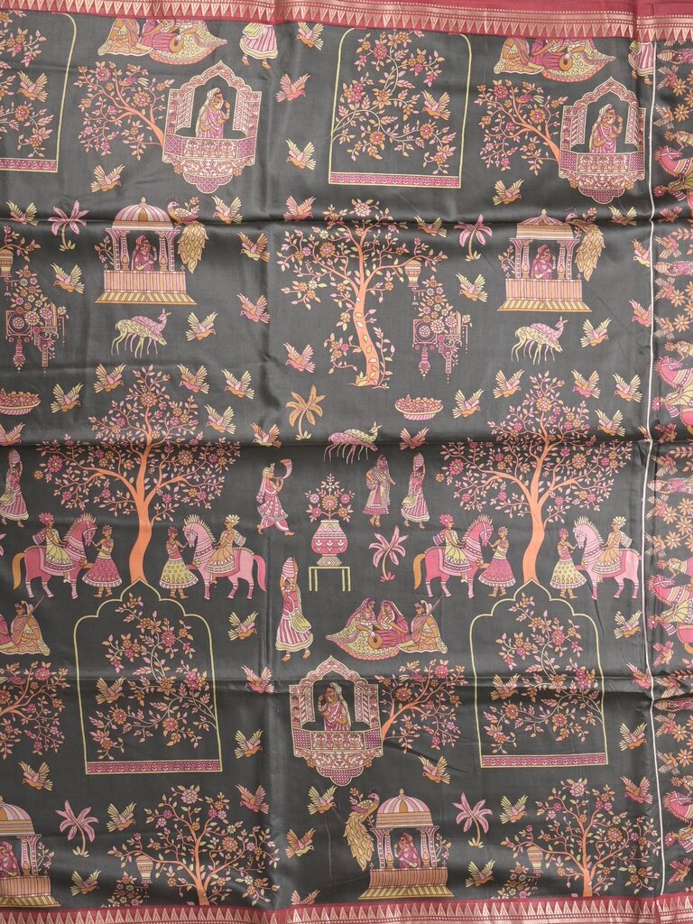 Tussar printed fancy saree with small zari border with printed pallu and plain blouse