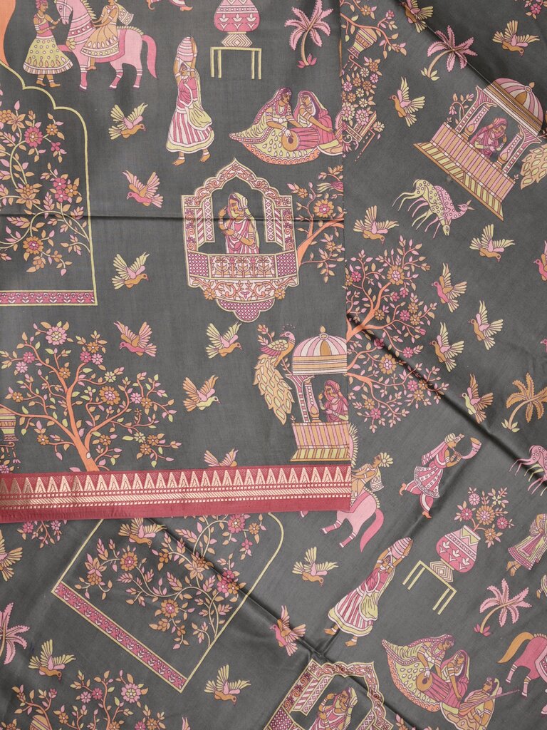 Tussar printed fancy saree with small zari border with printed pallu and plain blouse