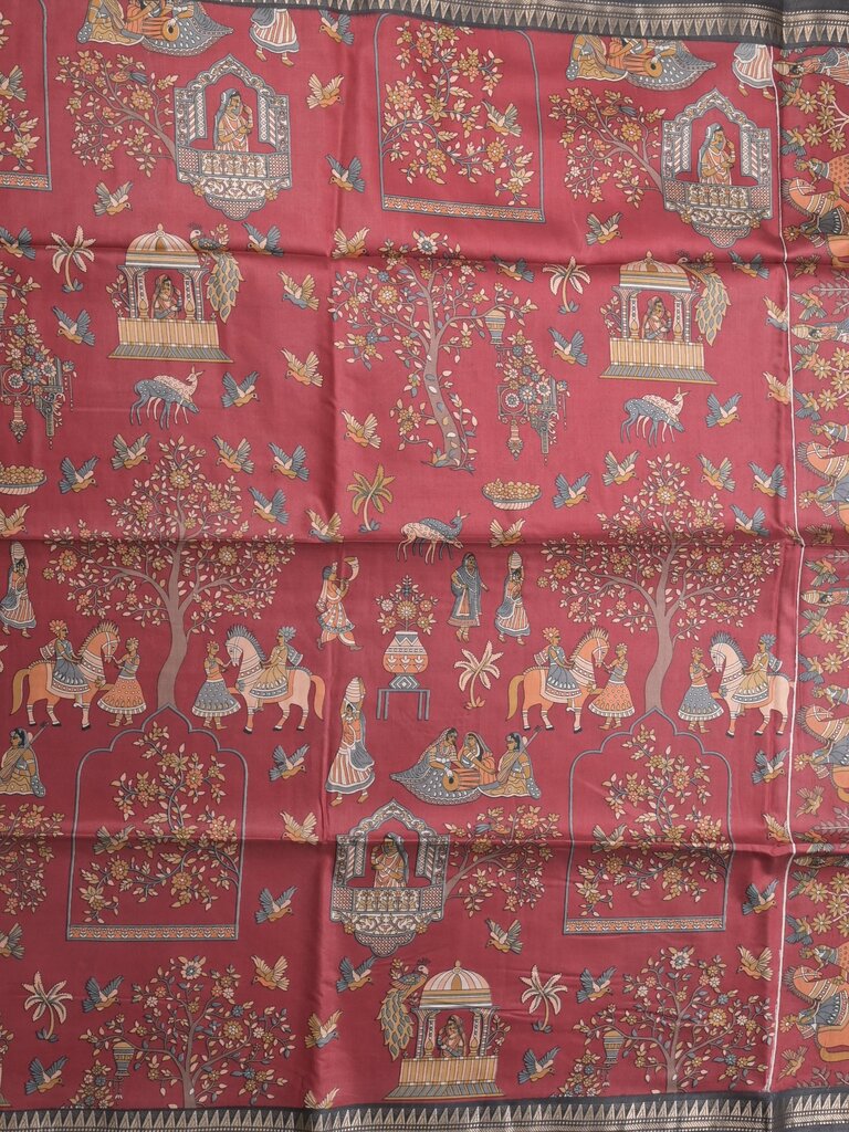 Tussar printed fancy saree with small zari border with printed pallu and plain blouse